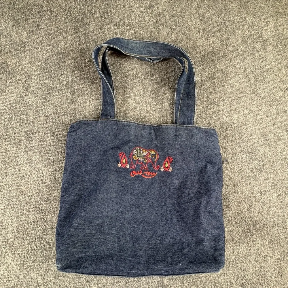 Vintage Y2K Old Navy Denim Tote Shoulder Bag Embroidered Elephant Boho India